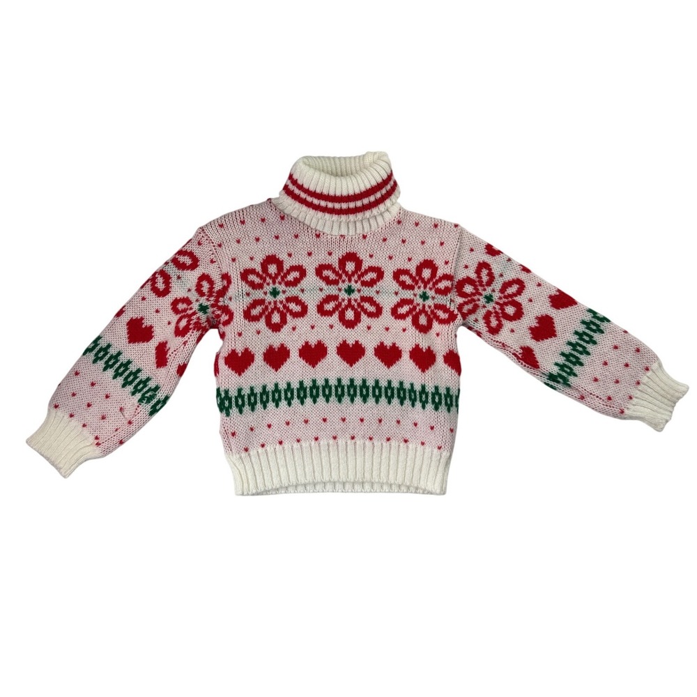 Vintage Babyfair Kids Red White Fair Isle Heart Flower Turtleneck Sweater 24M